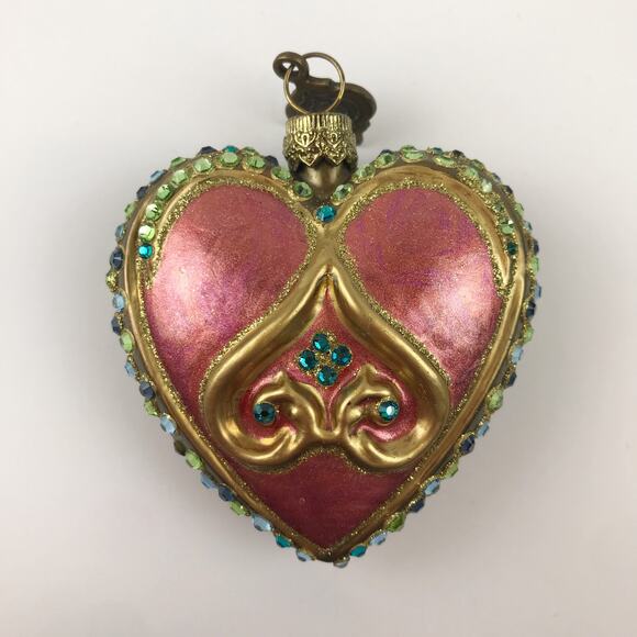 Jay Strongwater Heart Ornament Blown Glass Hand Painted Swarovski Detail Glitter - Picture 11 of 13